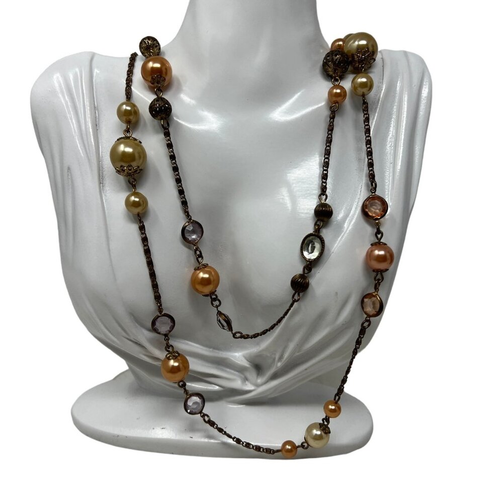Copper Tone Necklace Faux‎ White Peach Pearls Metal Filigree Beads 56 inches